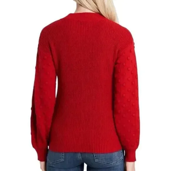 CeCe Luminous Red Pullover Ribbed Knit Sweater With Bobble Sleeves Size S - Picture 2 of 8